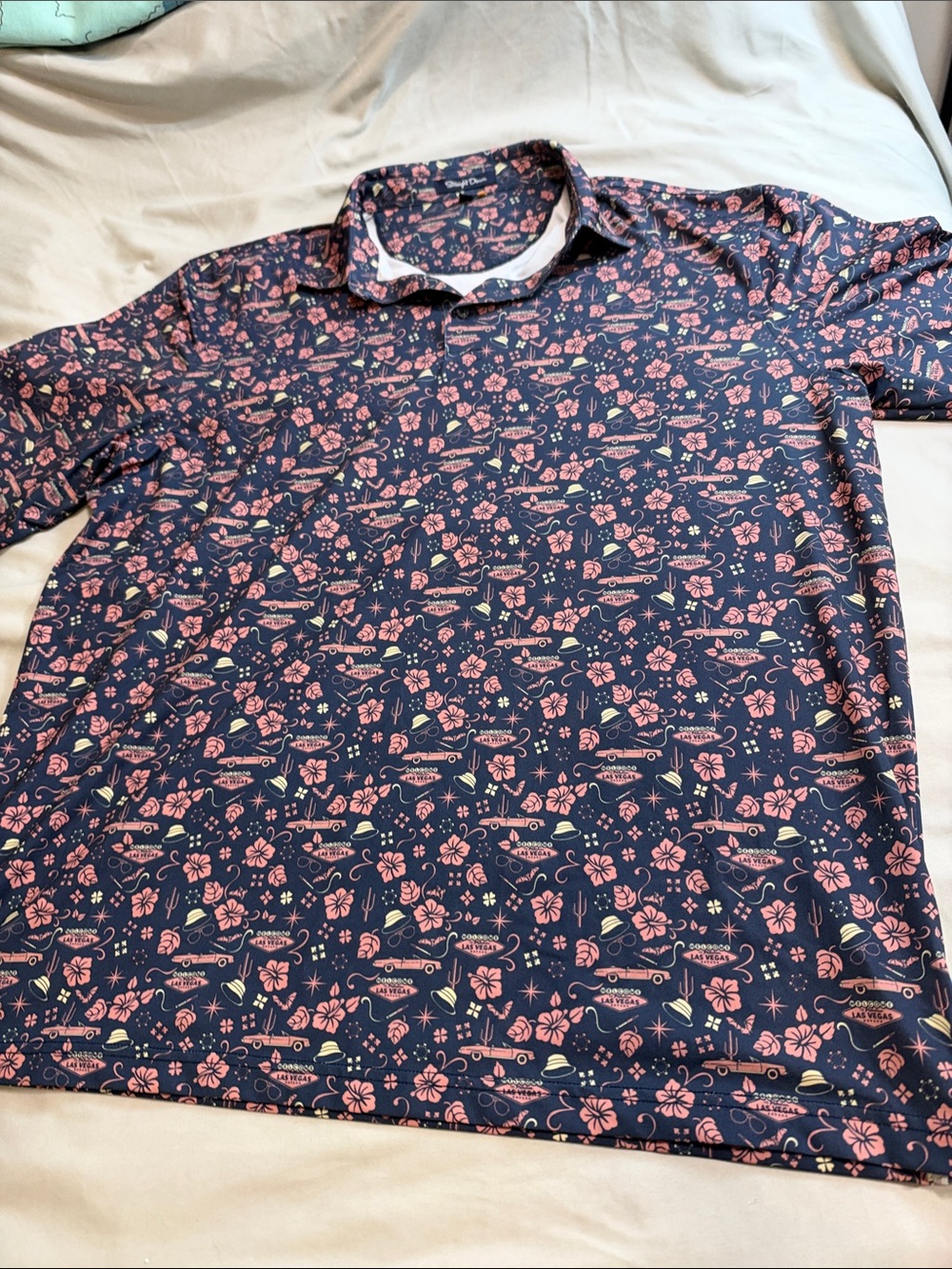 Men's Navy Polo with Pink Welcome to Vegas Floral Print by Straight Down